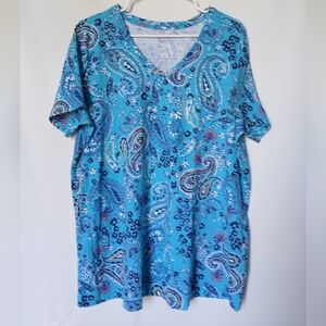 Women Within Paisley Blue Short Sleeve Pullover Top 18/20 L Blue/White